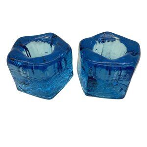 Vintage Wheaton Nuline NJ Glass Taper Candle Holders Blue Ice Chunk Set Of 2